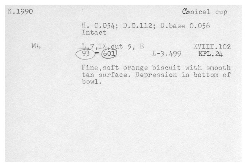 Index card with typed and handwritten information, sometimes including a sketch, of pottery from an excavation.