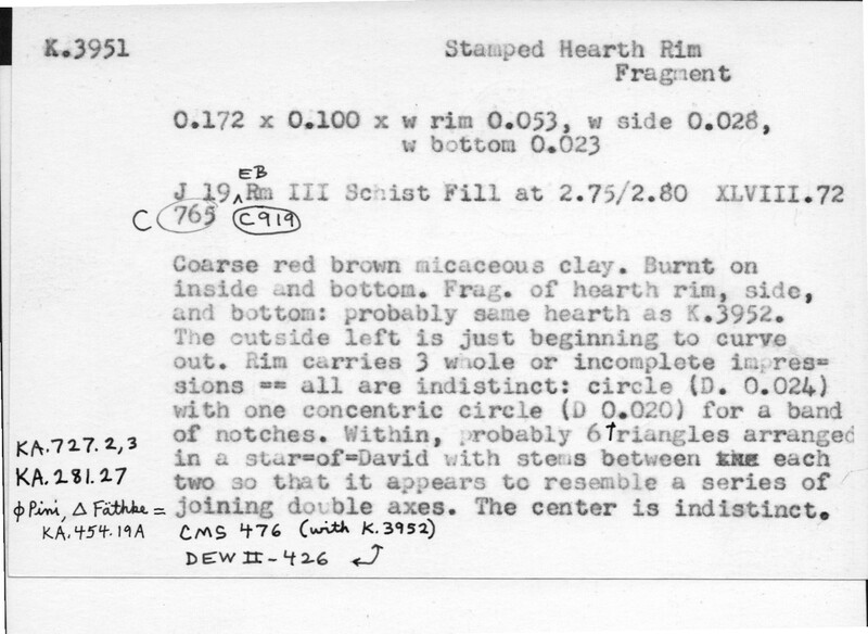 Index card with typed and handwritten information, sometimes including a sketch, of pottery from an excavation.