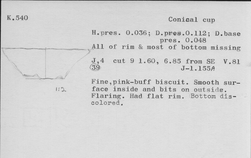 Index card with typed and handwritten information, sometimes including a sketch, of pottery from an excavation.