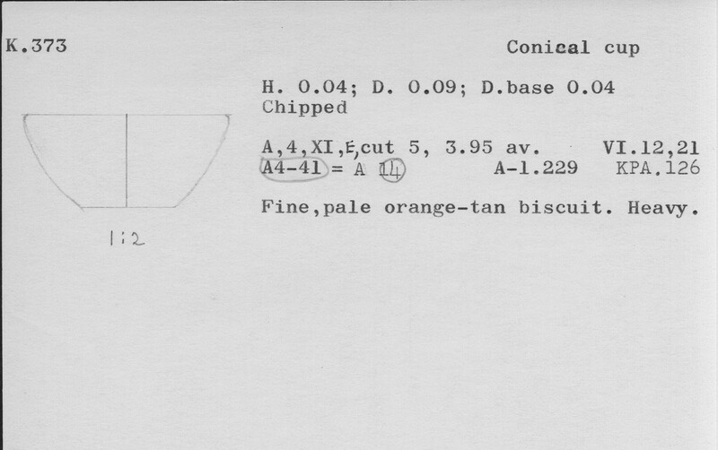Index card with typed and handwritten information, sometimes including a sketch, of pottery from an excavation.