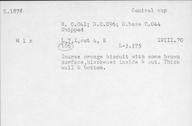 Index card with typed and handwritten information, sometimes including a sketch, of pottery from an excavation.