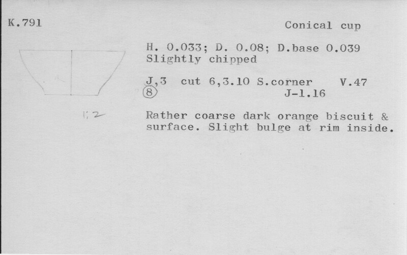 Index card with typed and handwritten information, sometimes including a sketch, of pottery from an excavation.