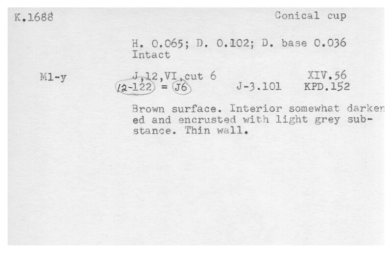 Index card with typed and handwritten information, sometimes including a sketch, of pottery from an excavation.