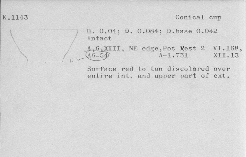 Index card with typed and handwritten information, sometimes including a sketch, of pottery from an excavation.