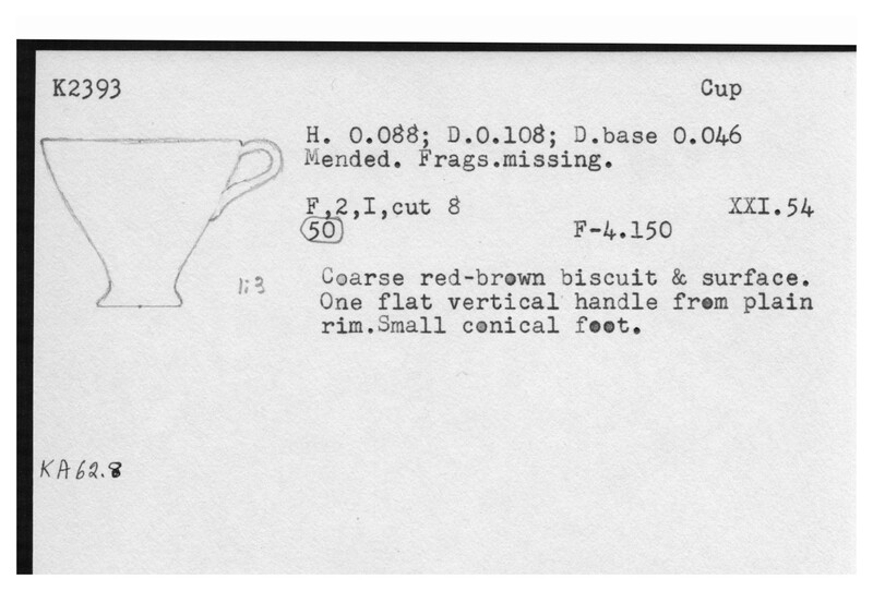 Index card with typed and handwritten information, sometimes including a sketch, of pottery from an excavation.