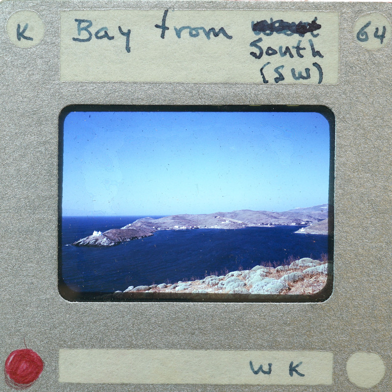 A vintage film strip with a scene of a coastline and islands, labeled as "South Bay from South West".