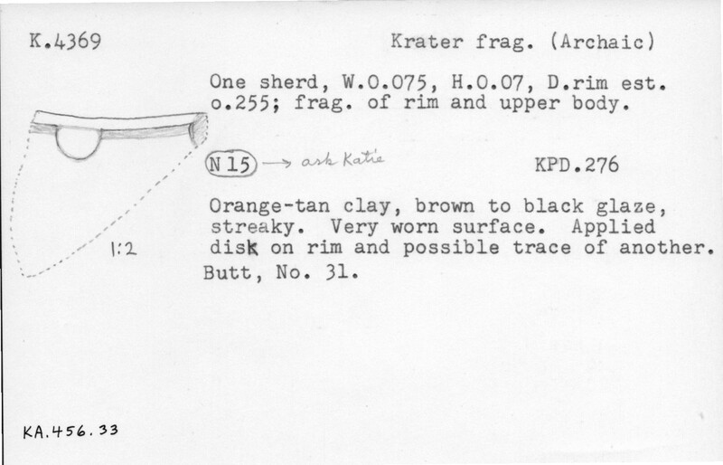 Index card with typed and handwritten information, sometimes including a sketch, of pottery from an excavation.