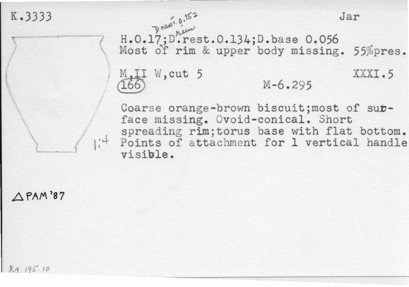 Index card with typed and handwritten information, sometimes including a sketch, of pottery from an excavation.