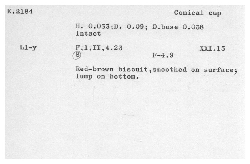 Index card with typed and handwritten information, sometimes including a sketch, of pottery from an excavation.