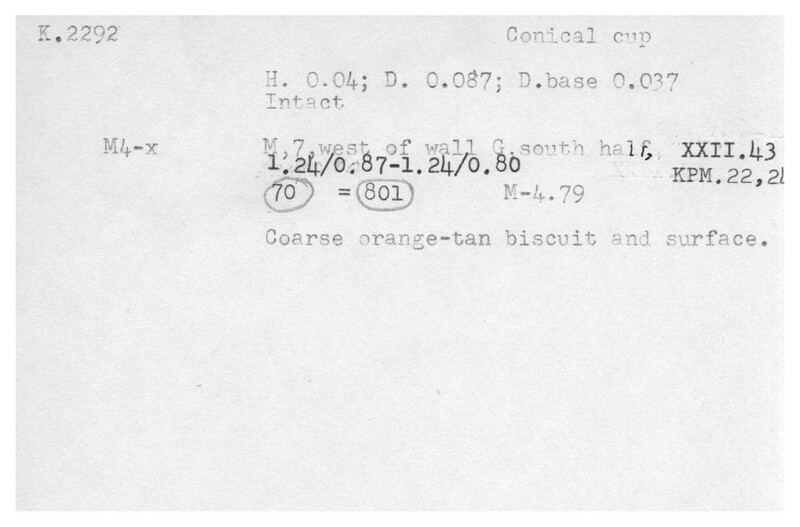 Index card with typed and handwritten information, sometimes including a sketch, of pottery from an excavation.