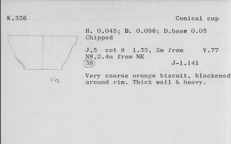 Index card with typed and handwritten information, sometimes including a sketch, of pottery from an excavation.