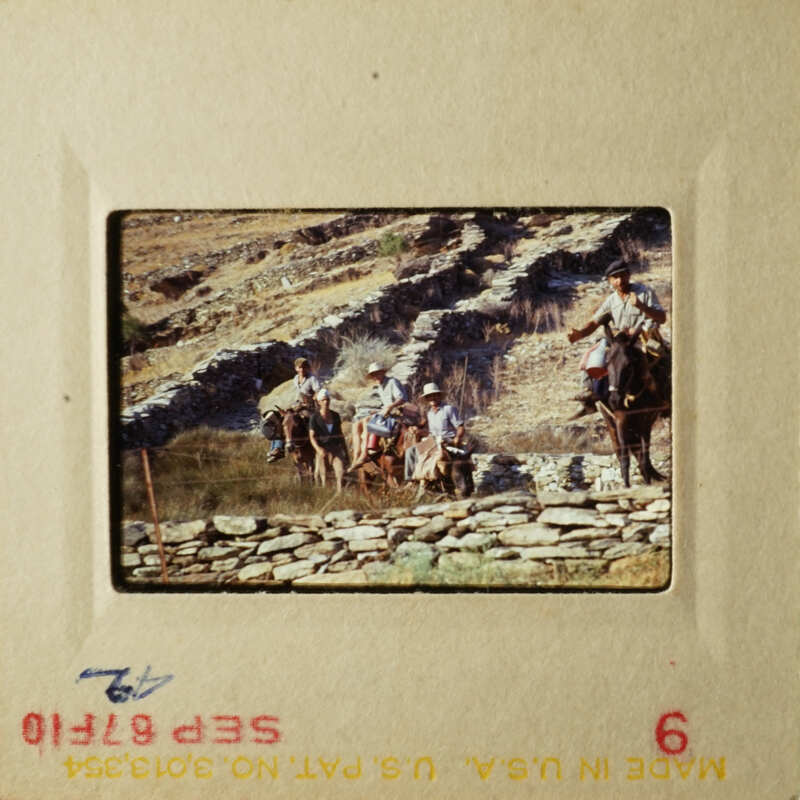 Two black and white photos depicting people on horseback with a landscape background, likely taken during a trip.