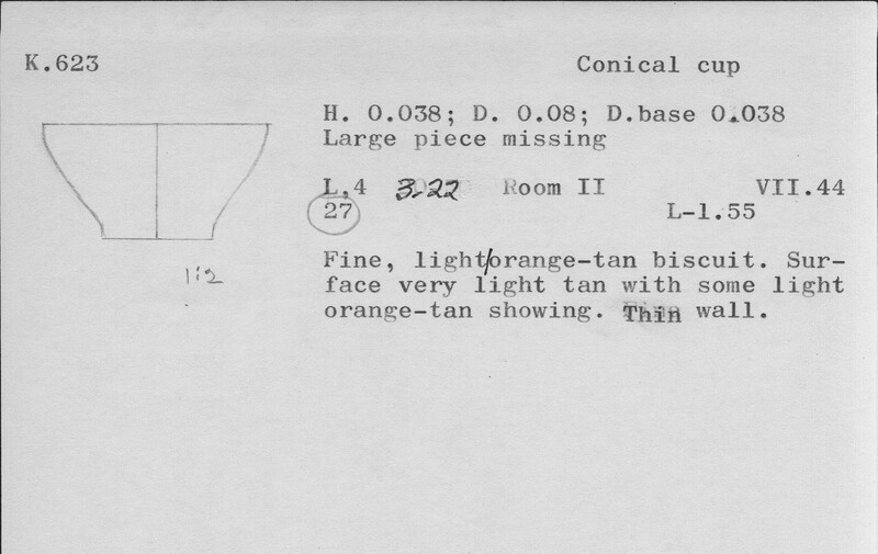 Index card with typed and handwritten information, sometimes including a sketch, of pottery from an excavation.