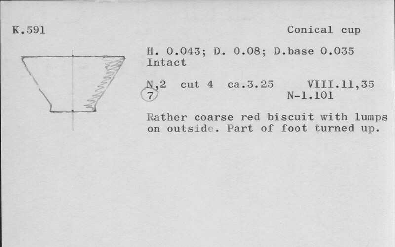 Index card with typed and handwritten information, sometimes including a sketch, of pottery from an excavation.