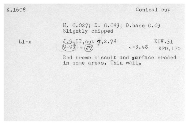 Index card with typed and handwritten information, sometimes including a sketch, of pottery from an excavation.