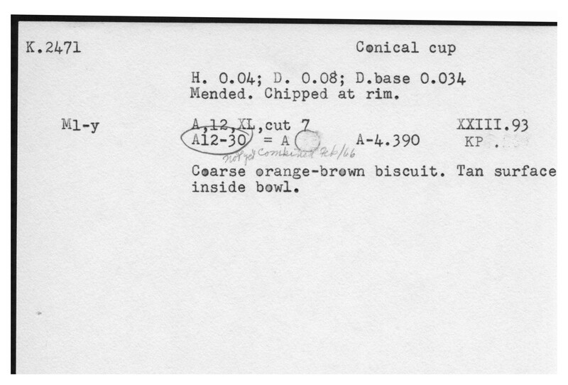 Index card with typed and handwritten information, sometimes including a sketch, of pottery from an excavation.