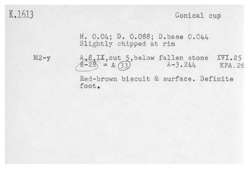Index card with typed and handwritten information, sometimes including a sketch, of pottery from an excavation.