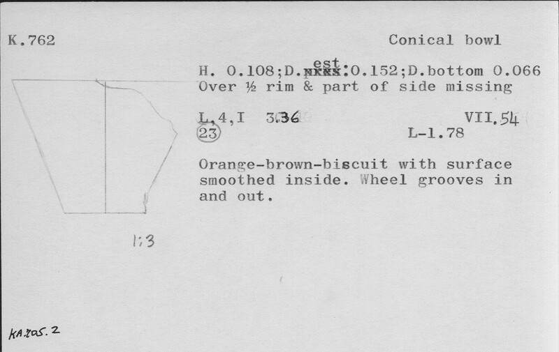 Index card with typed and handwritten information, sometimes including a sketch, of pottery from an excavation.