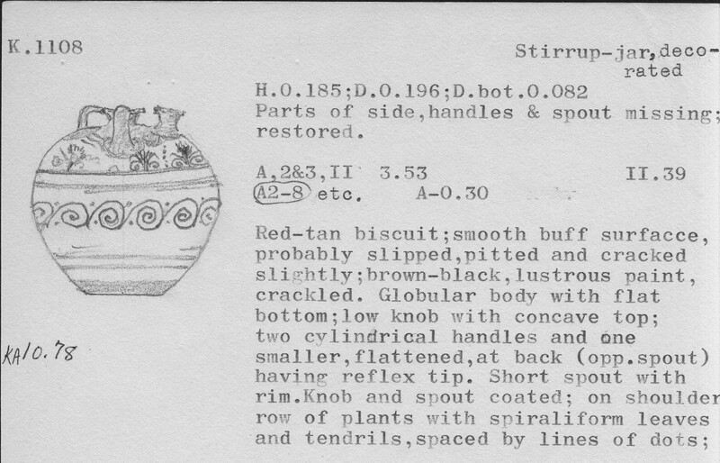 Index card with typed and handwritten information, sometimes including a sketch, of pottery from an excavation.
