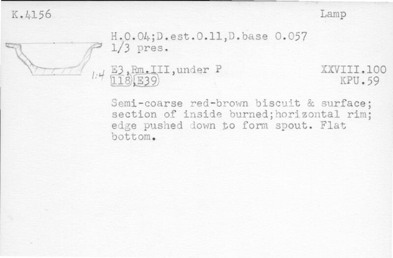 Index card with typed and handwritten information, sometimes including a sketch, of pottery from an excavation.