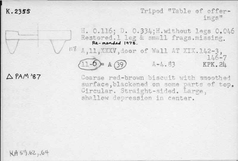 Index card with typed and handwritten information, sometimes including a sketch, of pottery from an excavation.