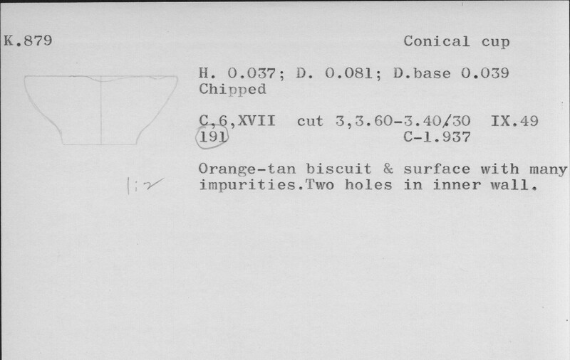 Index card with typed and handwritten information, sometimes including a sketch, of pottery from an excavation.