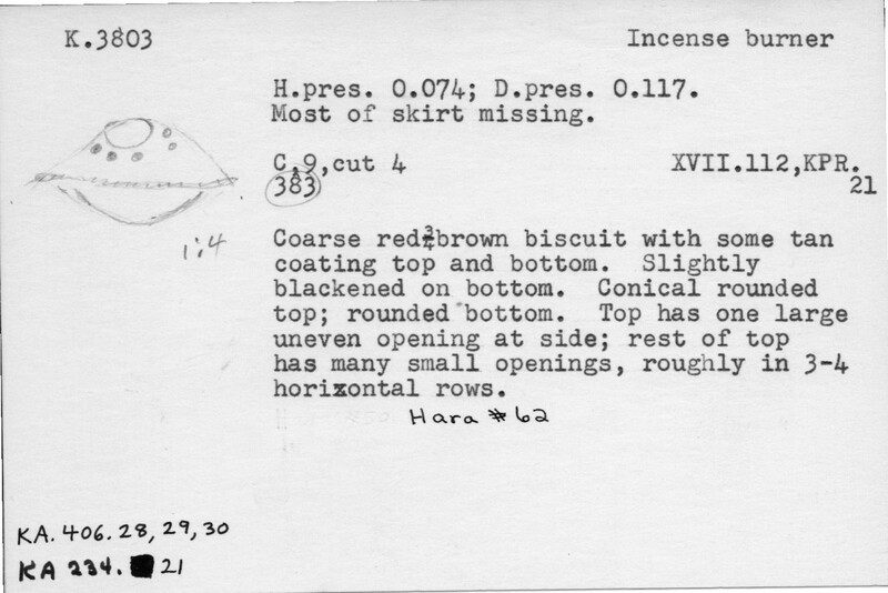 Index card with typed and handwritten information, sometimes including a sketch, of pottery from an excavation.