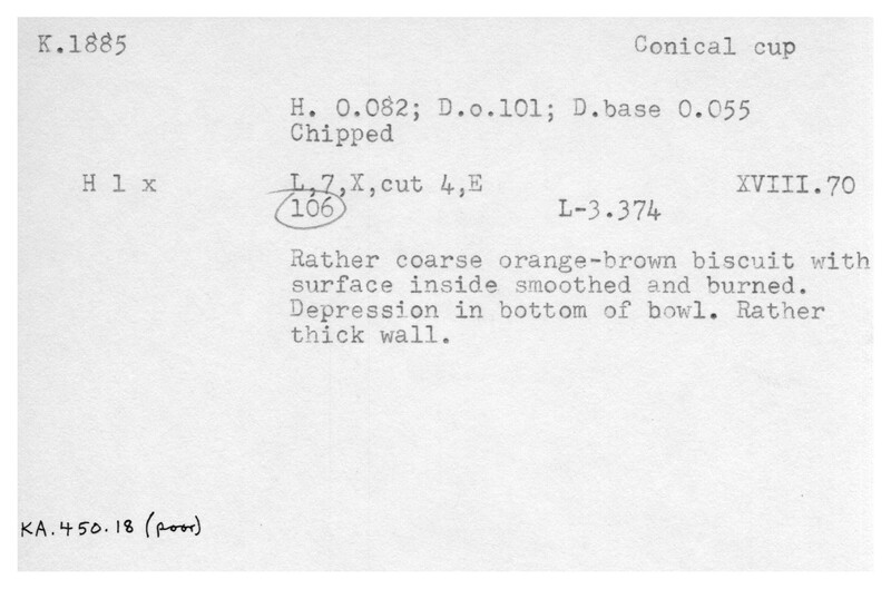 Index card with typed and handwritten information, sometimes including a sketch, of pottery from an excavation.