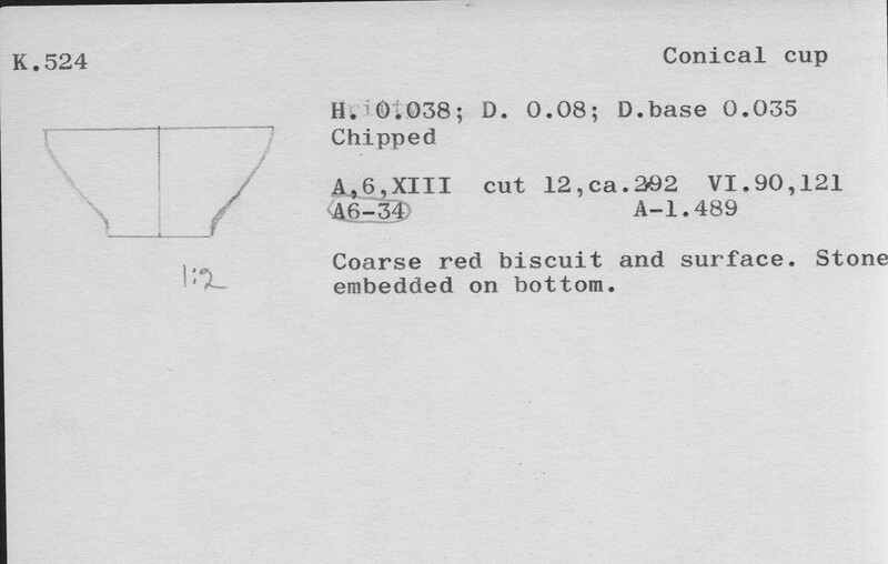 Index card with typed and handwritten information, sometimes including a sketch, of pottery from an excavation.