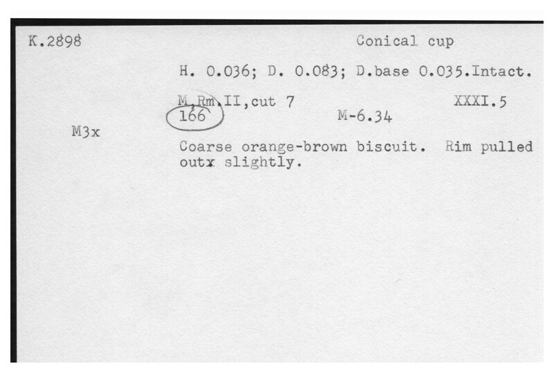 Index card with typed and handwritten information, sometimes including a sketch, of pottery from an excavation.