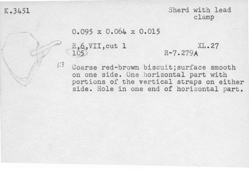 Index card with typed and handwritten information, sometimes including a sketch, of pottery from an excavation.
