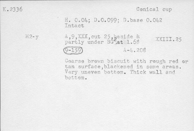 Index card with typed and handwritten information, sometimes including a sketch, of pottery from an excavation.