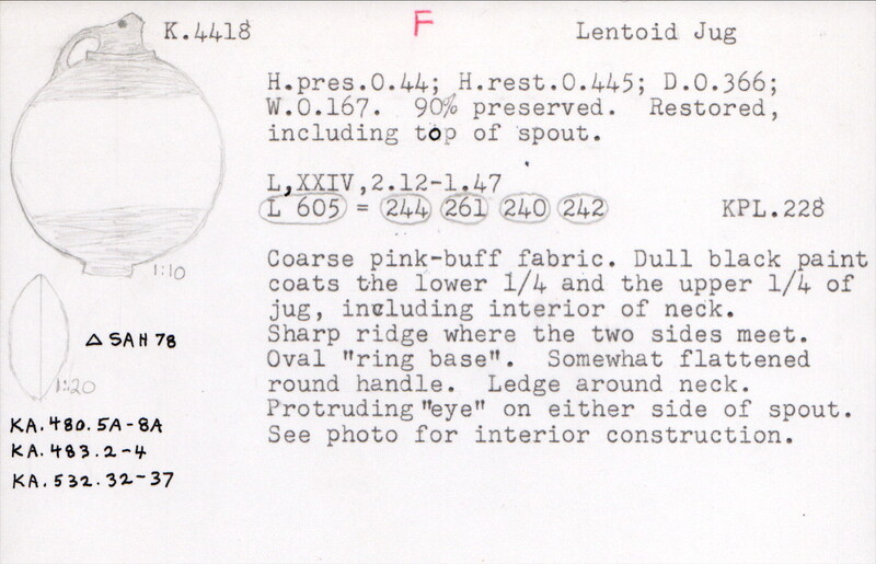 Index card with typed and handwritten information, sometimes including a sketch, of pottery from an excavation.