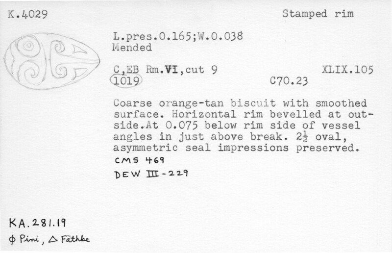 Index card with typed and handwritten information, sometimes including a sketch, of pottery from an excavation.