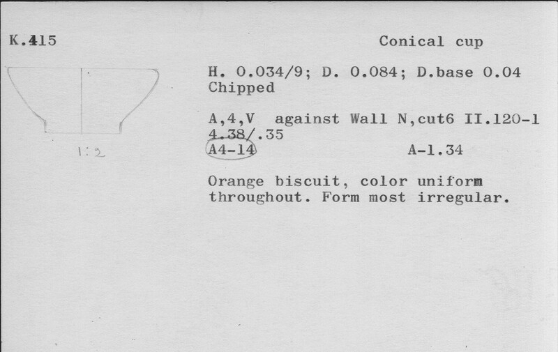 Index card with typed and handwritten information, sometimes including a sketch, of pottery from an excavation.