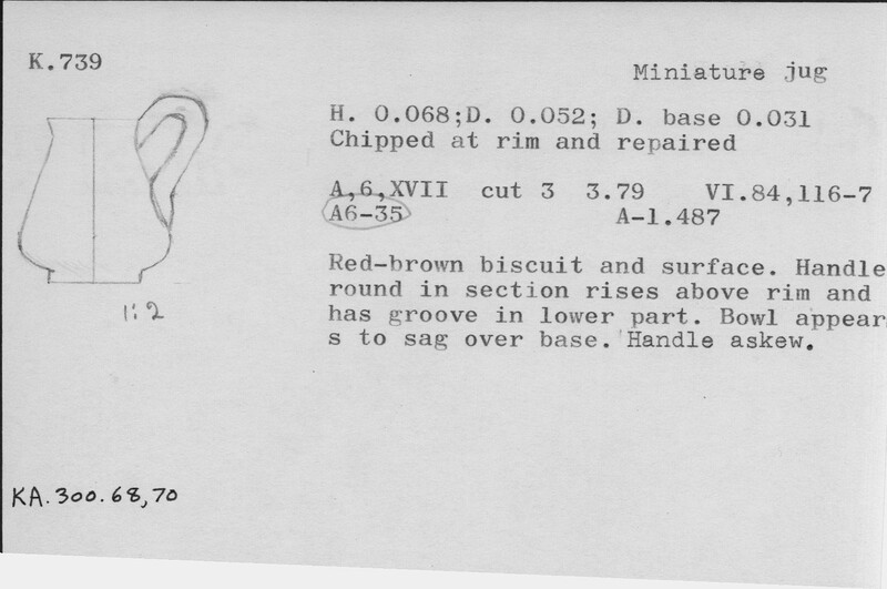 Index card with typed and handwritten information, sometimes including a sketch, of pottery from an excavation.