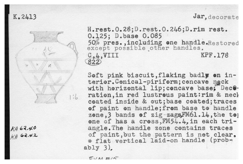 Index card with typed and handwritten information, sometimes including a sketch, of pottery from an excavation.