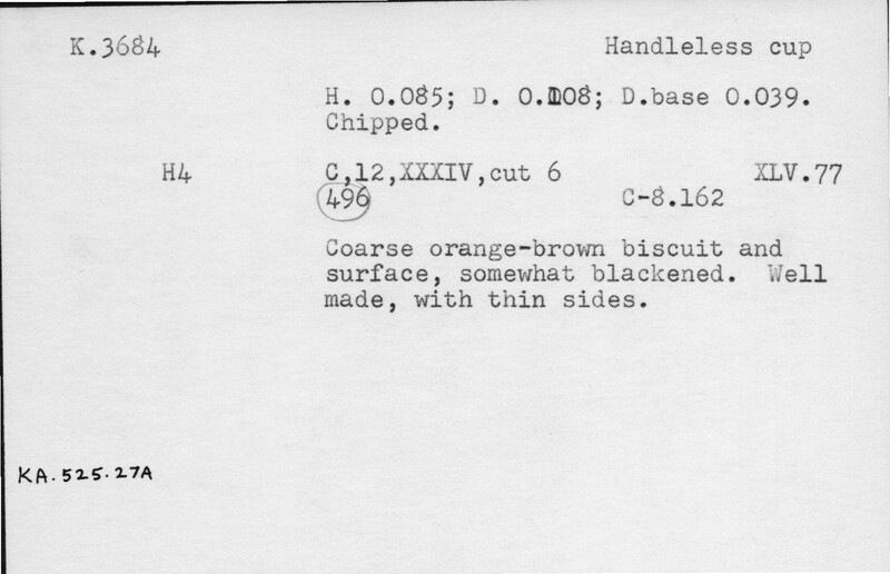 Index card with typed and handwritten information, sometimes including a sketch, of pottery from an excavation.