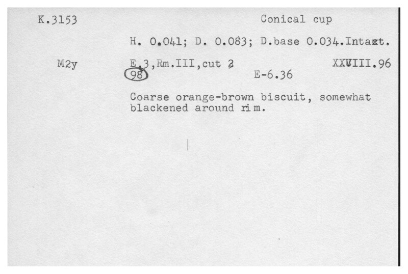 Index card with typed and handwritten information, sometimes including a sketch, of pottery from an excavation.