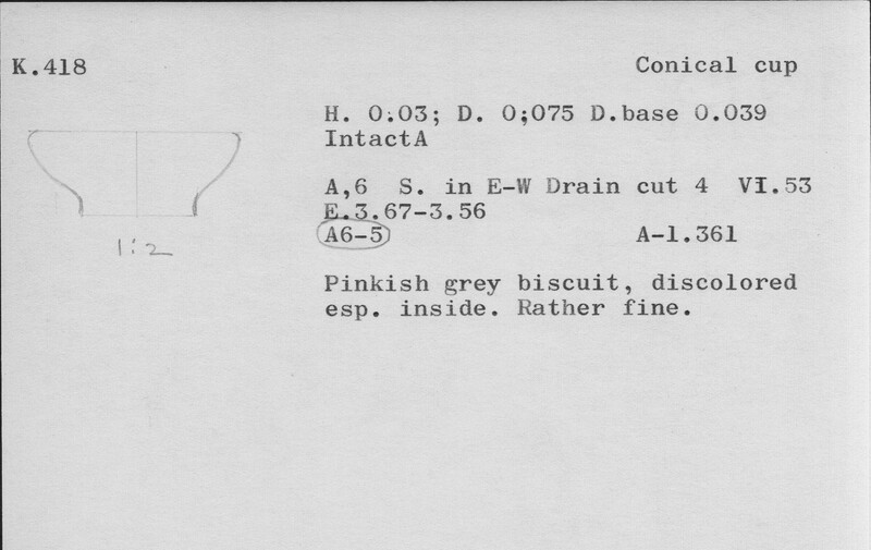 Index card with typed and handwritten information, sometimes including a sketch, of pottery from an excavation.