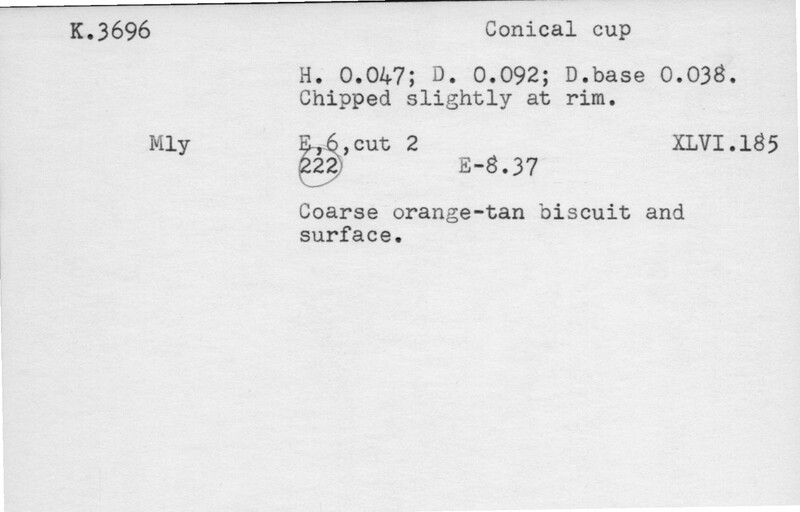 Index card with typed and handwritten information, sometimes including a sketch, of pottery from an excavation.