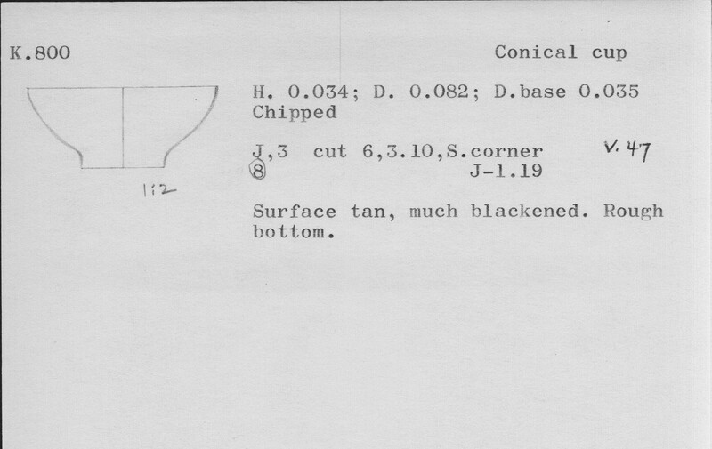 Index card with typed and handwritten information, sometimes including a sketch, of pottery from an excavation.