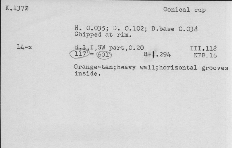 Index card with typed and handwritten information, sometimes including a sketch, of pottery from an excavation.