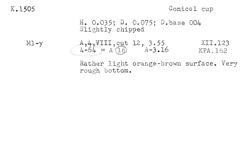 Index card with typed and handwritten information, sometimes including a sketch, of pottery from an excavation.
