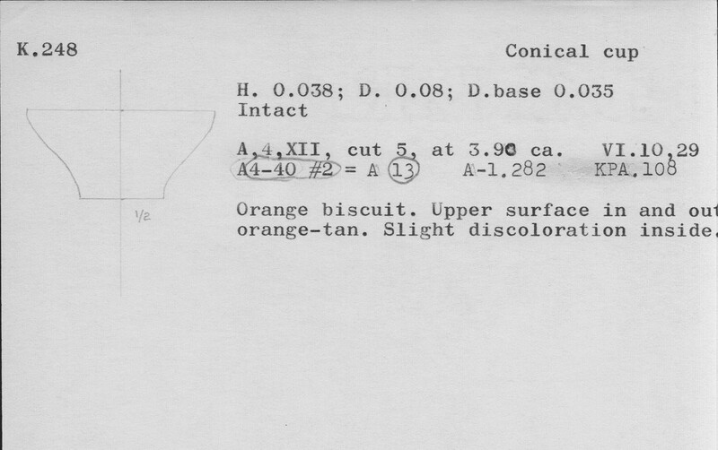 Index card with typed and handwritten information, sometimes including a sketch, of pottery from an excavation.