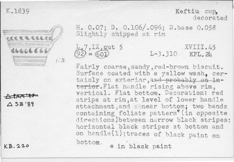 Index card with typed and handwritten information, sometimes including a sketch, of pottery from an excavation.