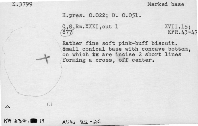 Index card with typed and handwritten information, sometimes including a sketch, of pottery from an excavation.