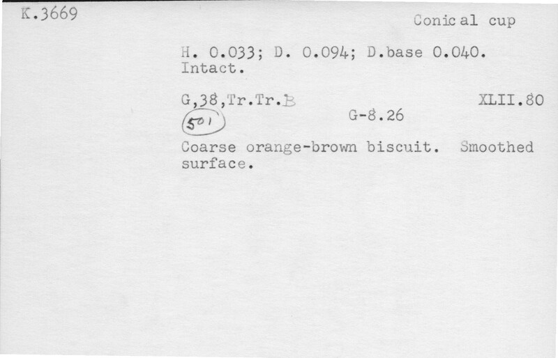 Index card with typed and handwritten information, sometimes including a sketch, of pottery from an excavation.