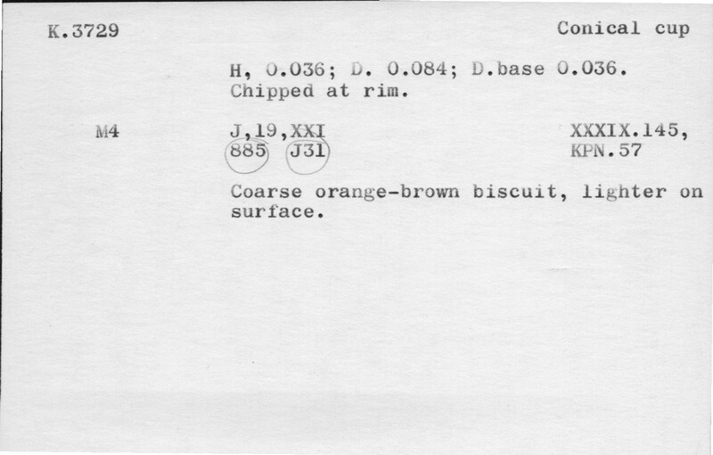 Index card with typed and handwritten information, sometimes including a sketch, of pottery from an excavation.
