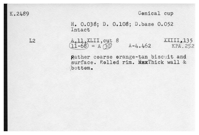 Index card with typed and handwritten information, sometimes including a sketch, of pottery from an excavation.